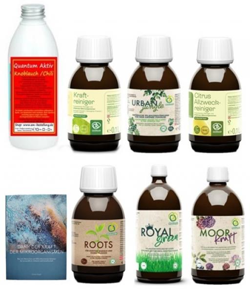 EM Einsteiger Paket | 6 mal 100ml von Multikraft | 1 Buch | 250ml EM Knoblauch Chili Extrakt