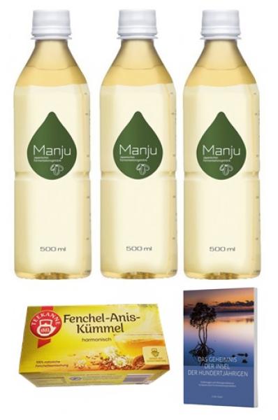 Manju 3 Flaschen | 3x500ml | Buch Ulrike Hader | Tee 20 Beutel | Freitag Wochenende Angebot